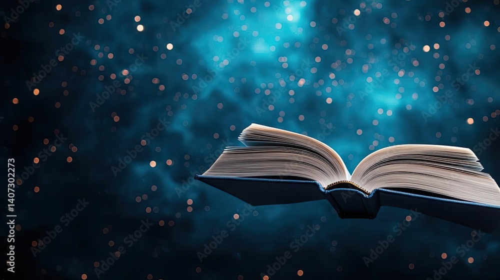 Poster books floating in the air within a flying and cognition concept. an open book floating in a starry n