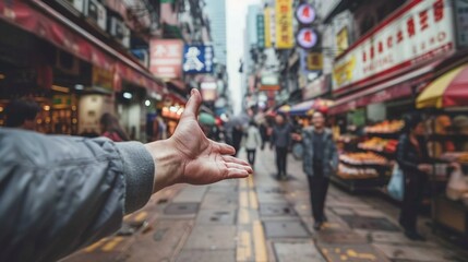 Obraz premium Person gesturing in a bustling urban street market filled with colorful signs and shoppers