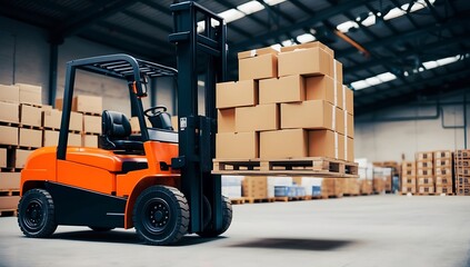 A brown cardboard box is being moved by a forklift in a busy warehouse for shipping