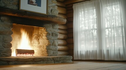 A cozy cabin interior featuring a warm fireplace, wooden logs, and sunlight streaming through sheer curtains, creating a serene atmosphere for relaxation and comfort.