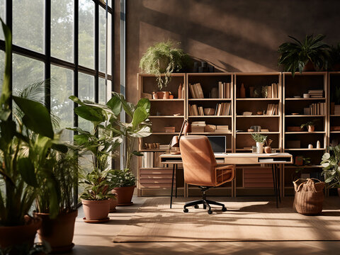Mindful workspace with abundant plant life and natural materials promoting wellness and balance