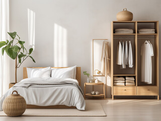 Peaceful minimalist bedroom with a capsule wardrobe celebrating simplicity and calmness