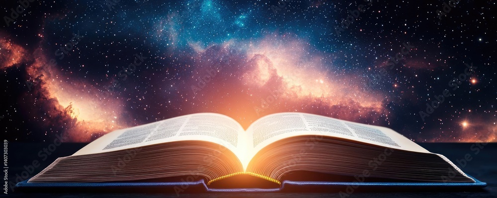 Poster open book under starry sky unveiling galaxy of imagination concept. an open book illuminated against