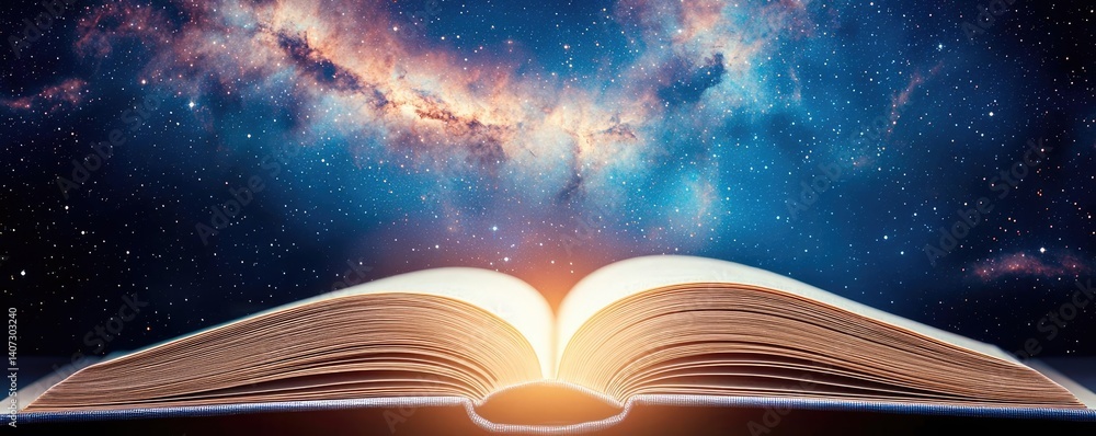Poster open book under starry sky unveiling galaxy of imagination concept. an open book against a cosmic ba