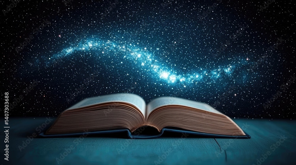 Poster open book under starry sky connecting space and knowledge concept. an open book under a starry sky, 