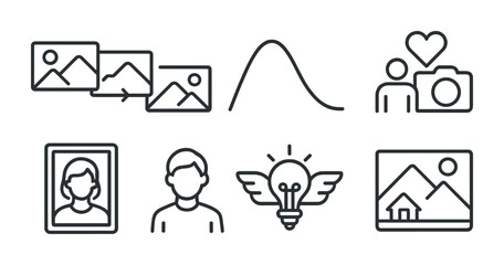 outline vector icons of visual storytelling: photo sequence, story arc, narrative image, theme shoot, emotional capture, character portrait, visual metaphor, setting shot. No text. The icons should