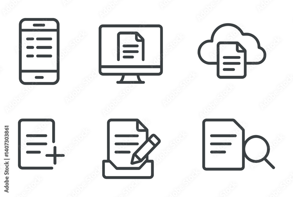 Poster outline vector icons of digital note apps: mobile notes app, desktop notes, cloud notes, sync icon, 