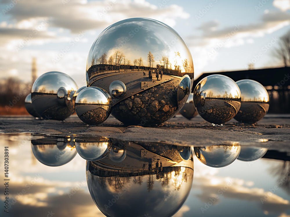 Poster mirror spheres reflect environmental scenes capturing spatial depth and scattering light fragments