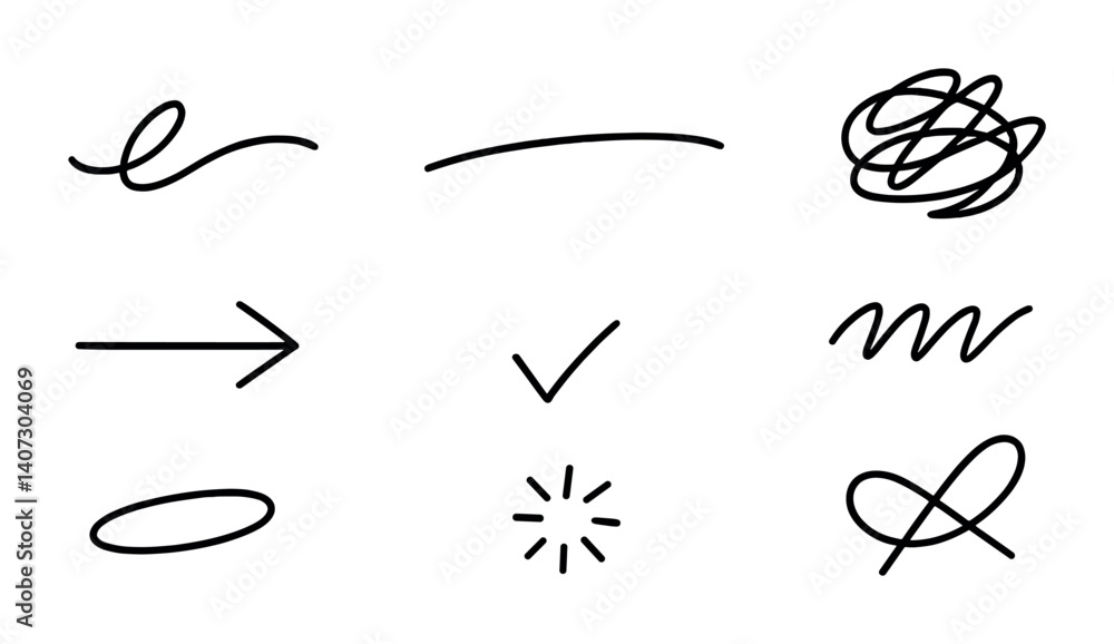 Poster outline vector icons of handwritten elements: cursive word, underline flat isometric style, quick sk
