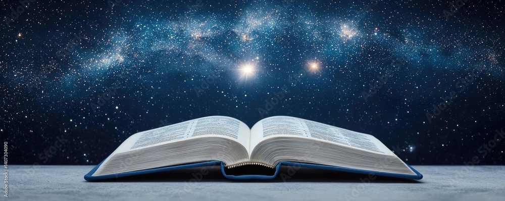 Poster open book under starry sky unlocking dreamlike space concept. an open book with a backdrop of a star