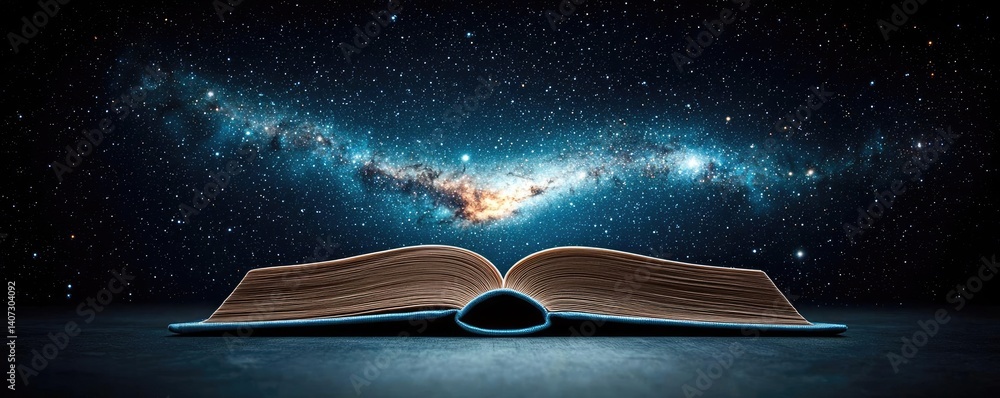 Poster open book under starry sky unlocking dreamlike space concept. an open book with a cosmic background 