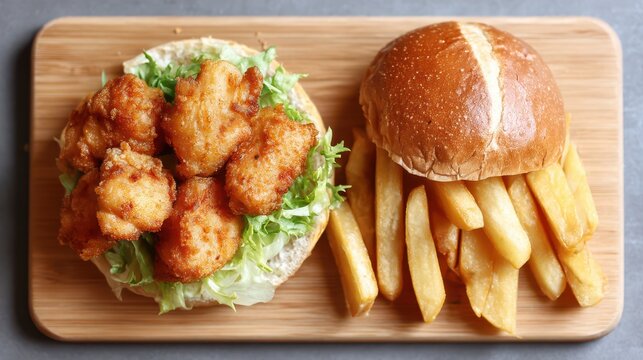 A delicious fried chicken sandwich served on a soft bun with fresh lettuce. Accompanied by golden crispy French fries, perfect for a satisfying meal anytime.