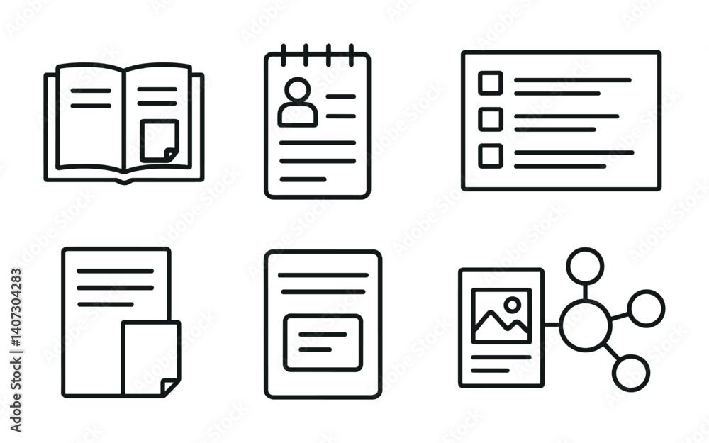 Poster outline vector icons of educational notes: textbook note, lecture note, revision list, formula sheet