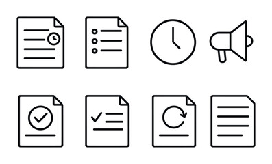 outline vector icons of meeting notes: meeting agenda, bullet list, time stamp, speaker icon, decision highlight, action item, follow-up task, summary note. No text. The icons should be clean.