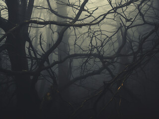 Slow emergence of branches in misty woods with morning fog creating an air of mystery