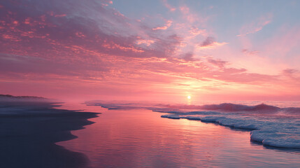 Naklejka premium A scenic view of the ocean waves at sunset with a pink and purple sky reflecting in the water