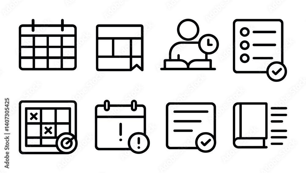 Poster outline vector icons of study planning: semester calendar, study block, revision session, priority l
