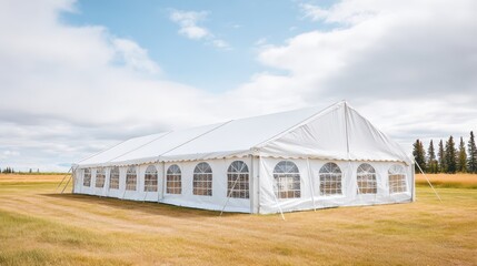 A large white tent set against a blue sky, situated in an open field. Ideal for outdoor events like weddings, parties, or gatherings, providing shelter and elegance in nature.