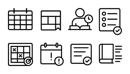 outline vector icons of study planning: semester calendar, study block, revision session, priority list, topic tracker, deadline tracker, test note, reading list. No text. The icons should be clean.