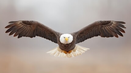 Fototapeta premium A majestic bald eagle soars gracefully through the sky, showcasing its powerful wings and striking features. Captured in flight, this image represents freedom and natural beauty.