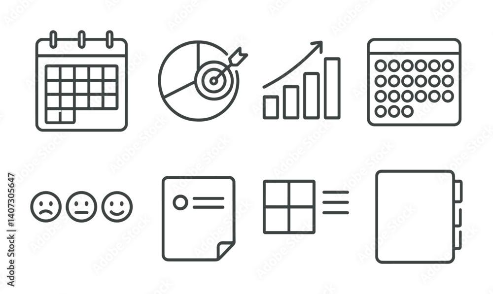 Poster outline vector icons of visual planning notes: monthly board, goal chart, bar progress, habit tracke