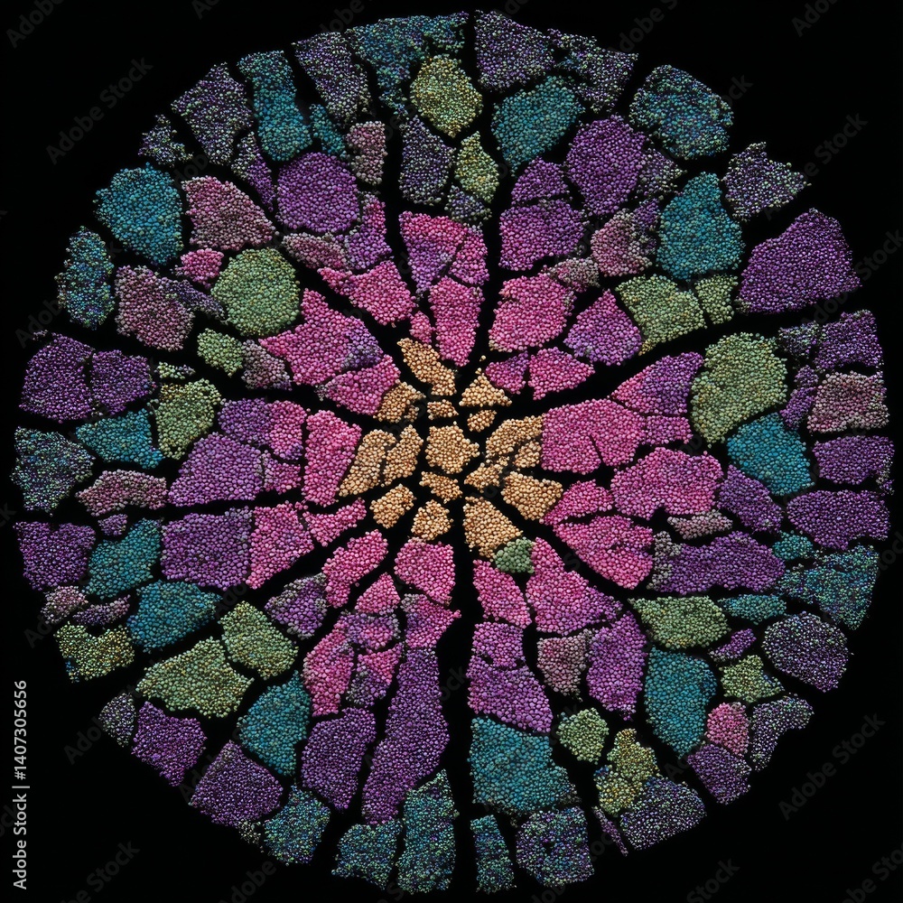 Poster Abstract Circular Mosaic of Textured Colorful Elements on Black Background