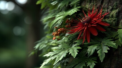Vibrant Red Passion Flower Blooms in Nature's Embrace Lush Green Environment Close-Up Photography Botanical Beauty
