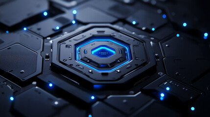 Fototapeta premium Shiny black hexagon panel texture with glowing blue LED edges, perfect for futuristic armor plating, sci-fi designs, and high-tech surfaces. Sleek, cyberpunk-ready aesthetic