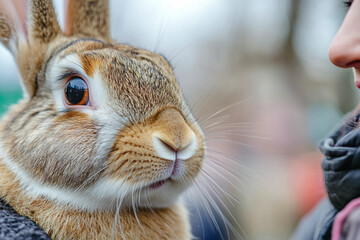 Person kid dressed in bunny costume cuddling with Easter rabbit joyful spring celebration moment, generative ai
