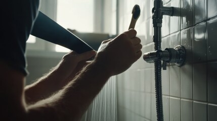 Plumber installing shower fixtures. Featuring plumbing work and fixture installation