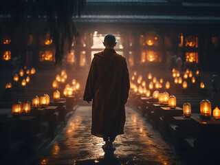 The monk moves through the quiet temple with glowing lights reflecting inner peace and calm