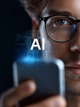 Nahaufnahme eines Mannes mit Brille und KI-Text-Overlay beim Blick auf Smartphone