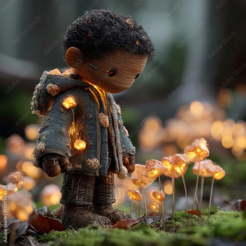 Poster a woven boy's encounter: mystical light mushrooms illuminate a curious scene in an enchanted forest.