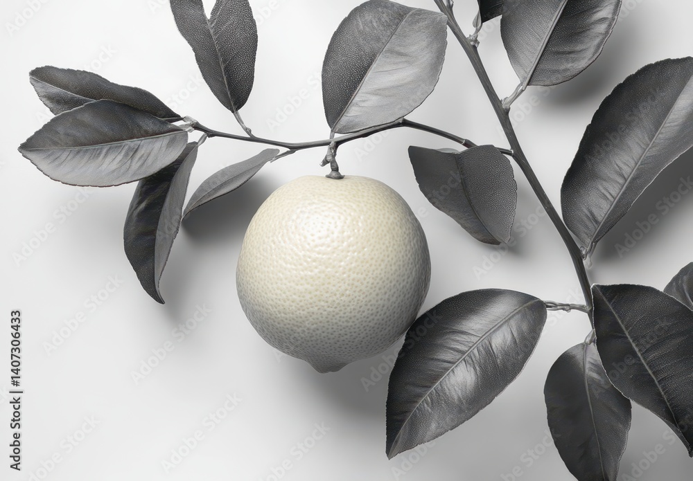 Poster fresh citrus fruit displayed on a branch with gray leaves, showcasing the unique textures and shapes