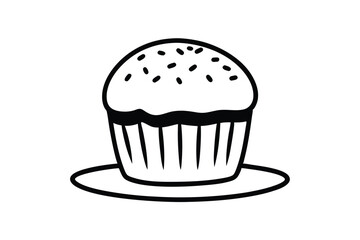 Black And White Outline Illustration Of A Cupcake With Sprinkles On A Plate Isolated On White Background