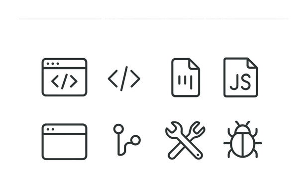 outline vector icons of web development tools: code editor, HTML tag, CSS icon, JS script, browser window, git branch, dev tools, bug icon. No text. The icons should be clean. isolated transparent