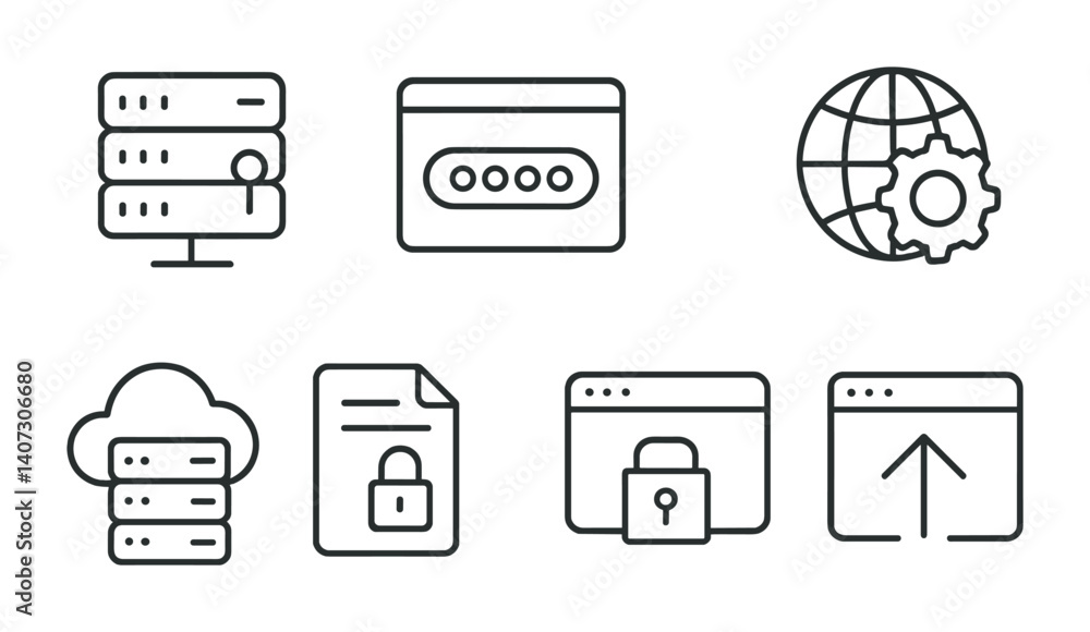 Poster outline vector icons of hosting and domain: server icon, domain name, ip address, dns settings, clou