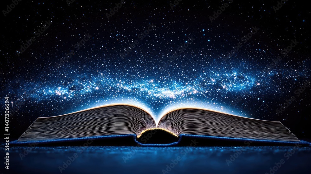 Poster open book under starry sky unveiling galaxy of imagination concept. an open book illuminated against