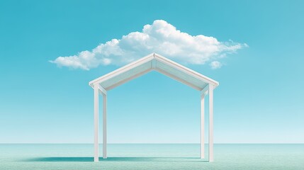 A minimalist white house structure set against a clear blue sky with a single fluffy cloud, symbolizing freedom and simplicity in design and architecture.