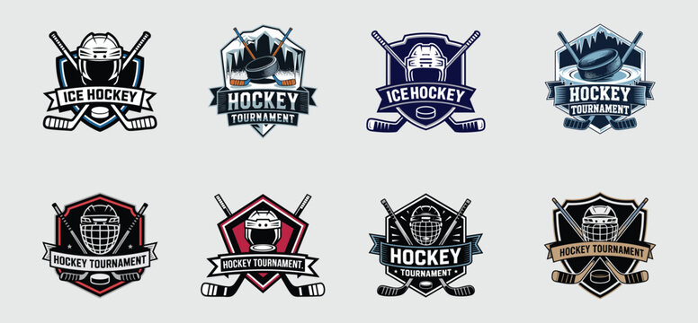 set of Hockey tournament Logo with Sticks, Pucks, helmet and Championship Themes