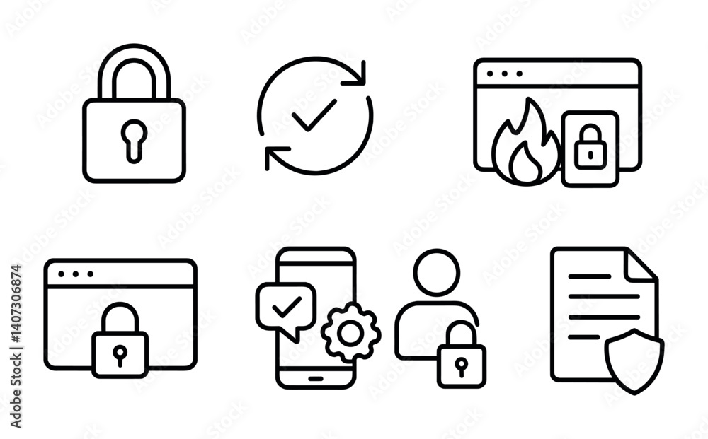 Poster outline vector icons of website security: padlock, captcha icon, firewall, secure login, https icon,