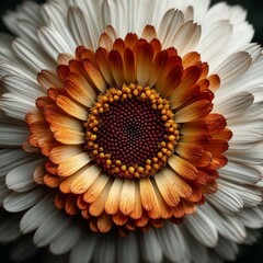Close-up of a Daisy with Striking White and Orange Petals and a Dark Red and Yellow Center, Showcasing Intricate Details