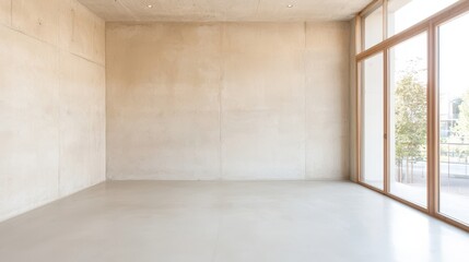 Obraz premium A minimalistic interior featuring a spacious empty room with concrete walls and large glass windows allowing natural light, ideal for modern design projects or architectural showca