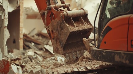 Demolition worker using an excavator to break down a building. Featuring control and expertise