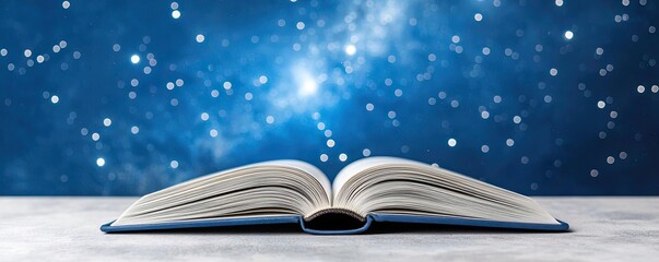 Open book under starry sky connecting space and knowledge concept. An open book against a starry cosmos background, inspiring wonder.