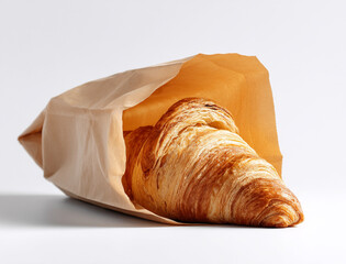 A freshly baked croissant with a golden, flaky crust peeks out of a simple inside eco-friendly paper bag on white background