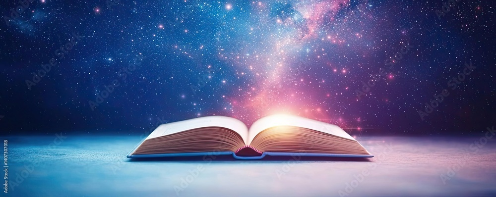 Poster open book under starry sky unveiling galaxy of imagination concept. an open book reveals a cosmic sc