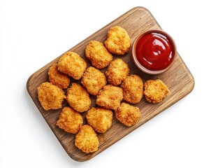 Chicken nuggets and ketchup on a wooden board against a white background.