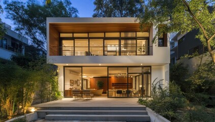 Obraz premium Modern Two-Story House with Large Windows and Patio at Dusk