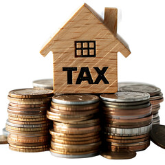 Tax Concept: A wooden house model atop a stack of coins, the word "TAX" boldly inscribed, visually representing the financial aspects of property and taxation.
